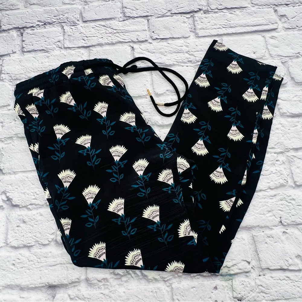 Markus Lupfer Pants Small Black Floral Loose Fit Tie Waist Pull On Casual